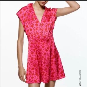 Zara silky satin mini blouse dress sexy/professional pink red floral xs AF25